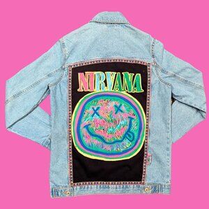 Nirvana Upcycled T-Shirt Denim Jacket Size S-M for Women